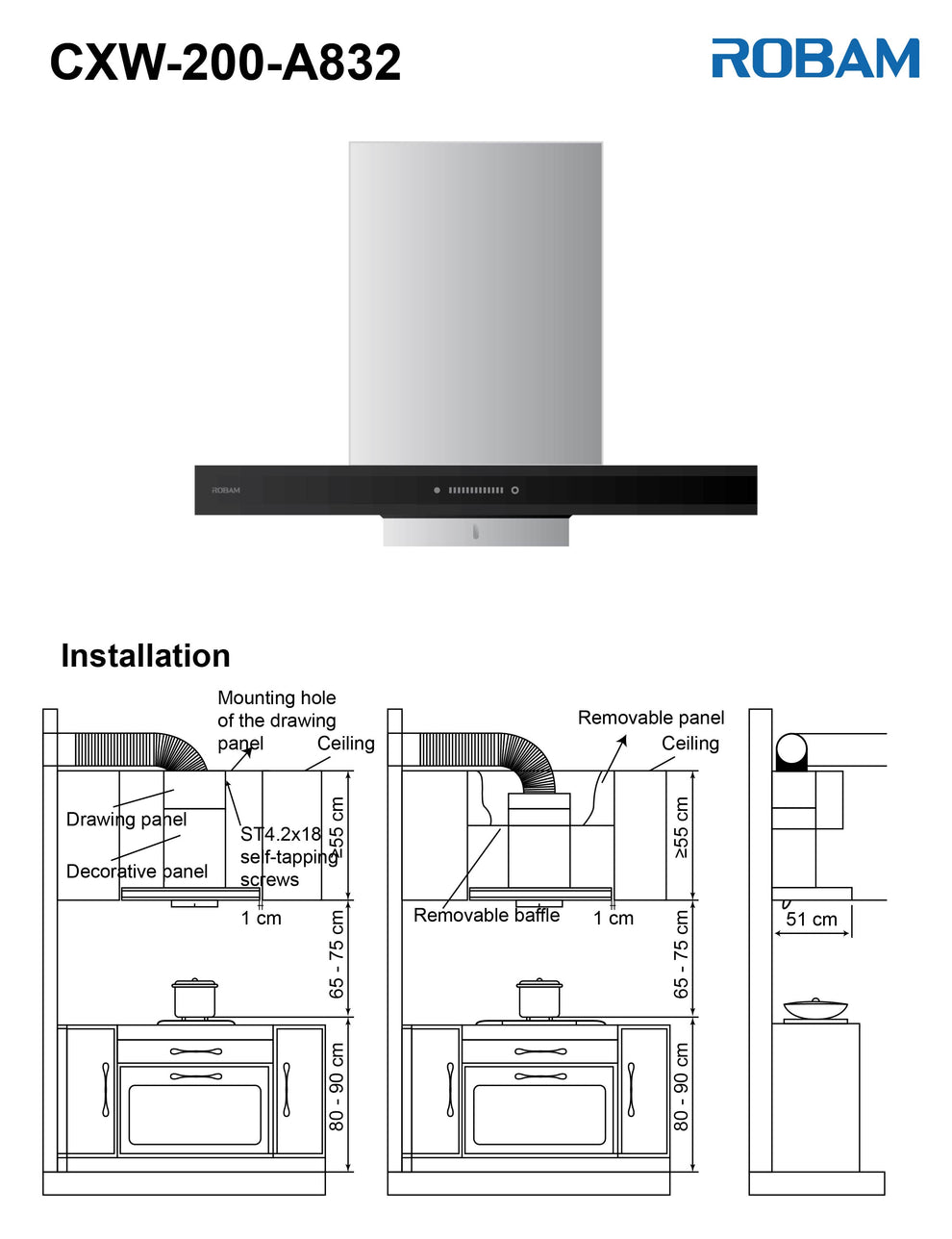 Robam Built in Range Hood | T-shaped type | Model: A832 | 90cm | Airflow: 1020 m3/hr | Pressure: 800 Pa | Noise: < 56dB|A832
