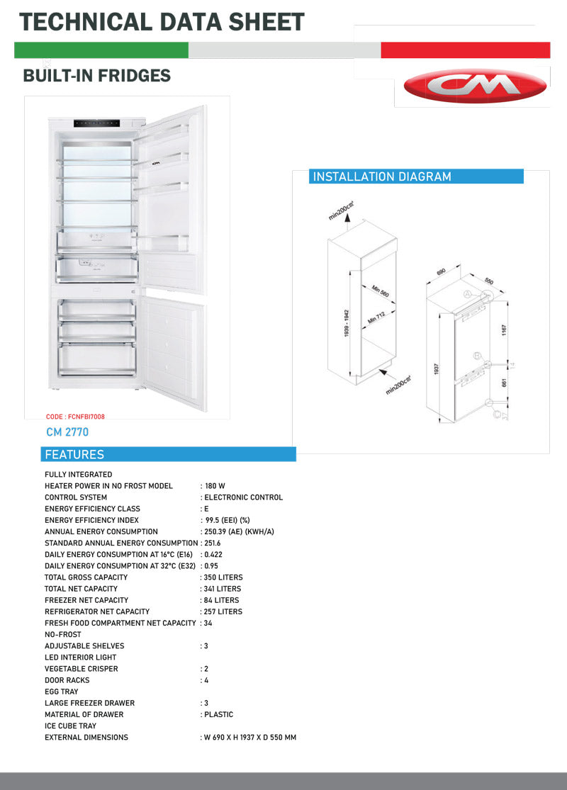 CM BUILT-IN COMBI FRIDGE & FREEZER 70 CM |CM 2770