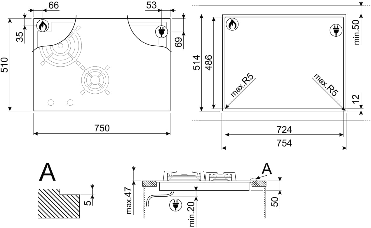 Smeg Built in Combination Hob 75cm |PM3743D