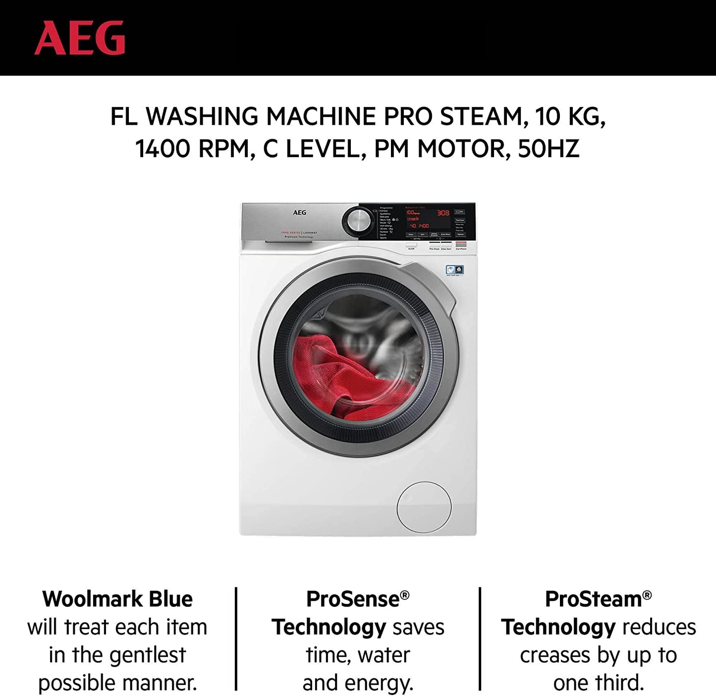 AEG Washing Machine Front Load Pro Steam 10 Kg 1400 RPM Inveter Motor|LFE7C1412B Made In Italy (1 Year Warranty) - Urbancucine