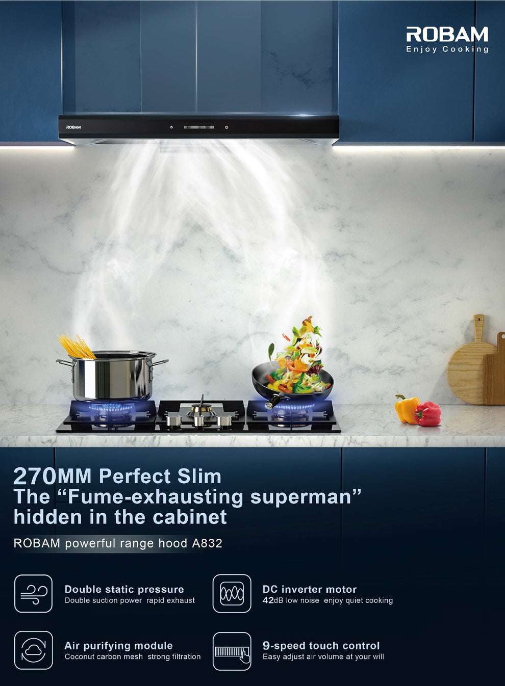 Robam Built in Range Hood | T-shaped type | Model: A832 | 90cm | Airflow: 1020 m3/hr | Pressure: 800 Pa | Noise: < 56dB|A832