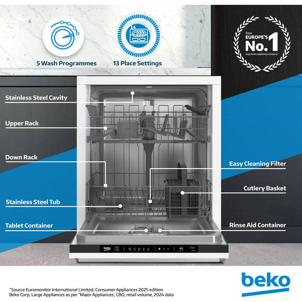 Beko | Built in Fully Integrated Dishwasher 13 Place Settings,5 Programmes,2 Racks, BDIN153E3 - (White)