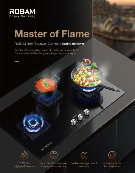 Robam Built in Gas Hob Black Gold Series | Model: B420 | Premium Brass Burners |Explosion Proof 8mm Black Glass | 60cm width|B420