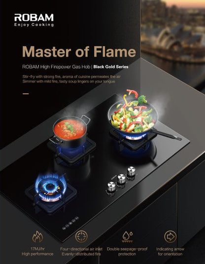Robam Built in Gas Hob Black Gold Series | Model: B420 | Premium Brass Burners |Explosion Proof 8mm Black Glass | 60cm width|B420