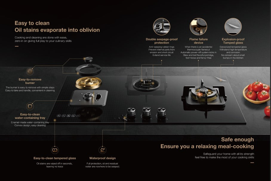 Robam Built in Gas Hob Black Gold Series | Model: B420 | Premium Brass Burners |Explosion Proof 8mm Black Glass | 60cm width|B420