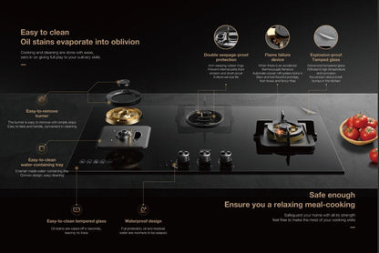 Robam Built in Gas Hob Black Gold Series | Model: B420 | Premium Brass Burners |Explosion Proof 8mm Black Glass | 60cm width|B420