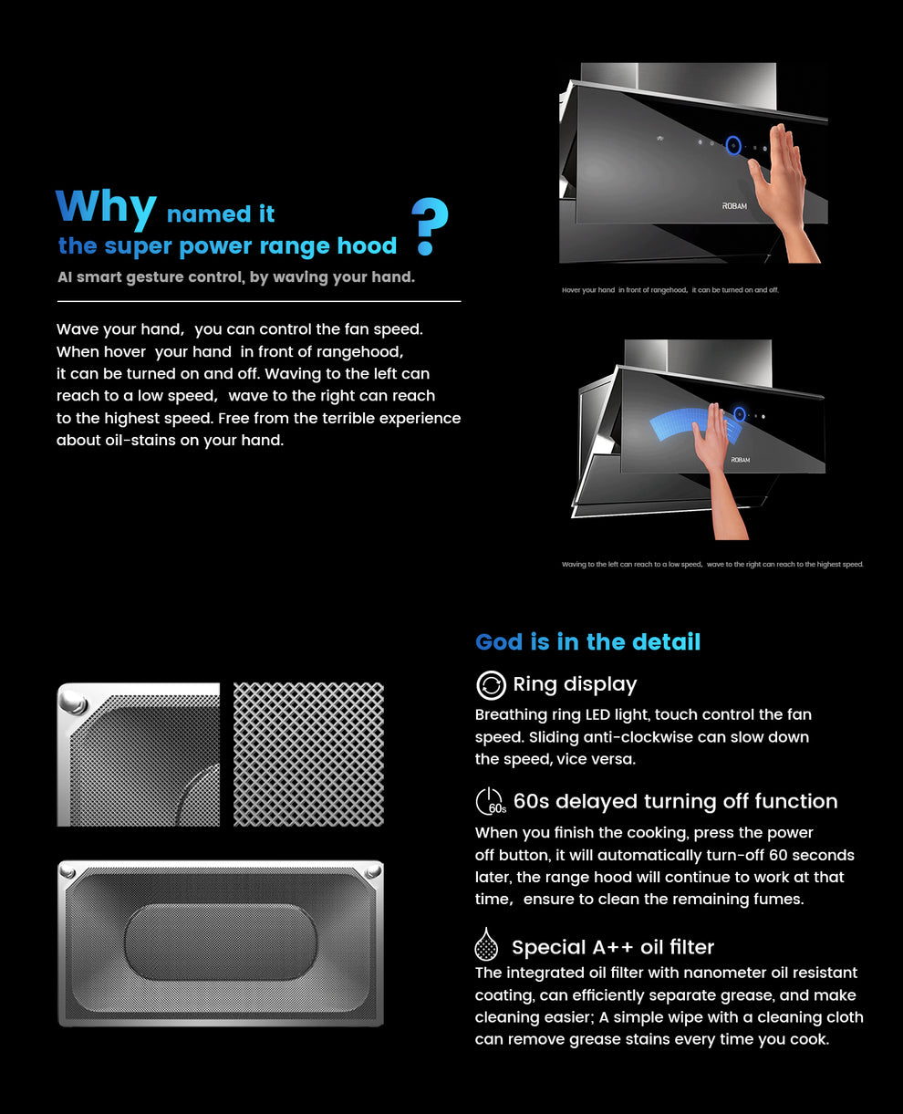 Robam Built in Range Hood | Side Draft type | Model: A675S | 90cm | Airflow: 1500 m3/hr | Pressure: 1000 Pa | Noise: < 50dB | AI Smart Gesture Control|A675S