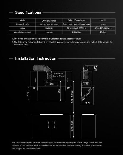 Robam Built in Range Hood | Side Draft type | Model: A675S | 90cm | Airflow: 1500 m3/hr | Pressure: 1000 Pa | Noise: < 50dB | AI Smart Gesture Control|A675S