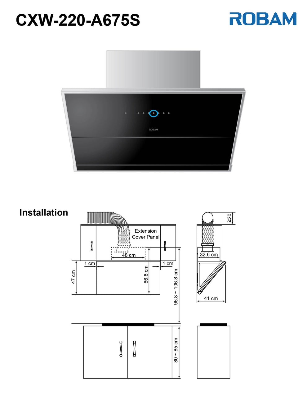 Robam Built in Range Hood | Side Draft type | Model: A675S | 90cm | Airflow: 1500 m3/hr | Pressure: 1000 Pa | Noise: < 50dB | AI Smart Gesture Control|A675S