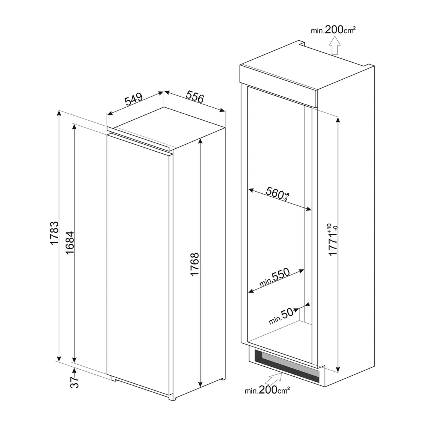 Smeg Built In Upright Fridge, 311 L | S8L174D3E