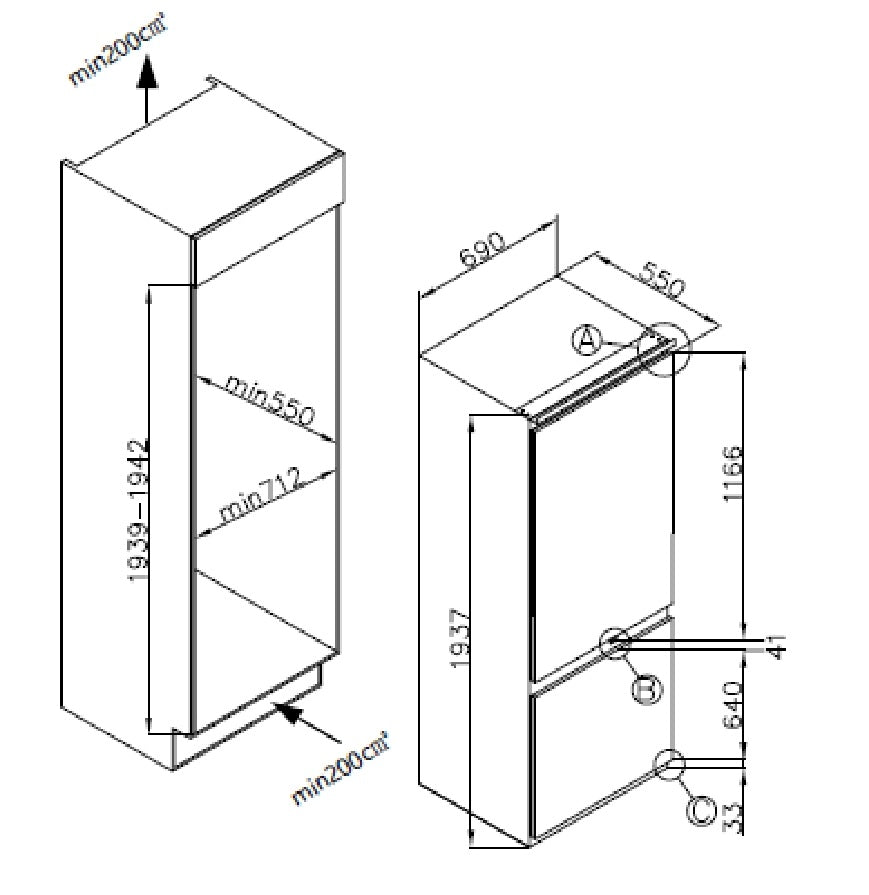 CARYSIL BUILT IN COMBI FRIDGE FREEZER FULL NO FROST 75 CM |BI CF NF 75 DC