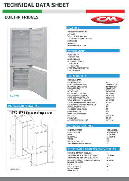 CM BUILT-IN COMBI FRIDGE & FREEZER 60 CM |CM 2761