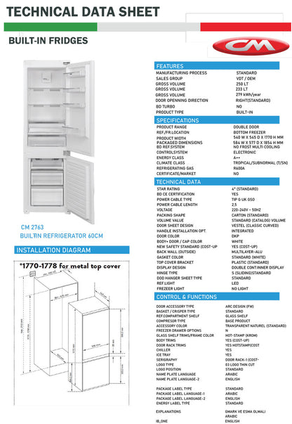 CM BUILT-IN COMBI FRIDGE & FREEZER 60 CM |CM 2763