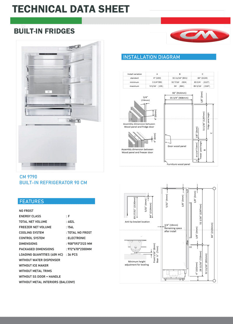 CM BUILT-IN COMBI FRIDGE & FREEZER 90CM |CM 9790