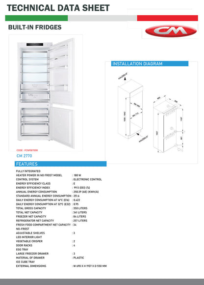 CM BUILT-IN COMBI FRIDGE & FREEZER 70 CM |CM 2770