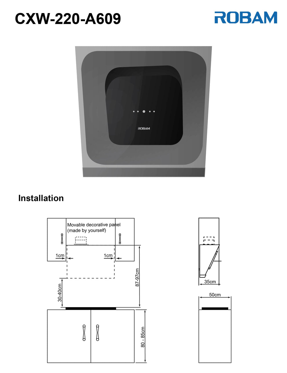 Range Hood | Side Draft type | Model: A609 | 60cm | Airflow: 1020 m3/hr | Pressure: 400 Pa | Noise: < 58dB - Urbancucine 