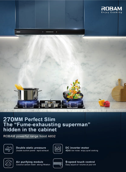 Robam Built in Range Hood | T-shaped type | Model: A832 | 90cm | Airflow: 1020 m3/hr | Pressure: 800 Pa | Noise: < 56dB|A832